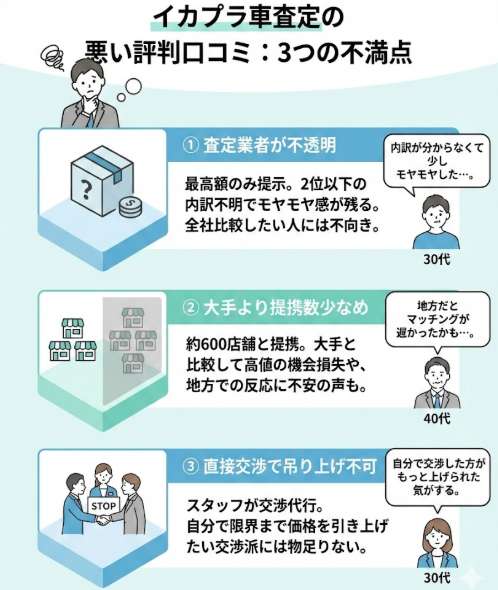 イカプラ車査定の悪い評判口コミは「詳細が分かりにくい」