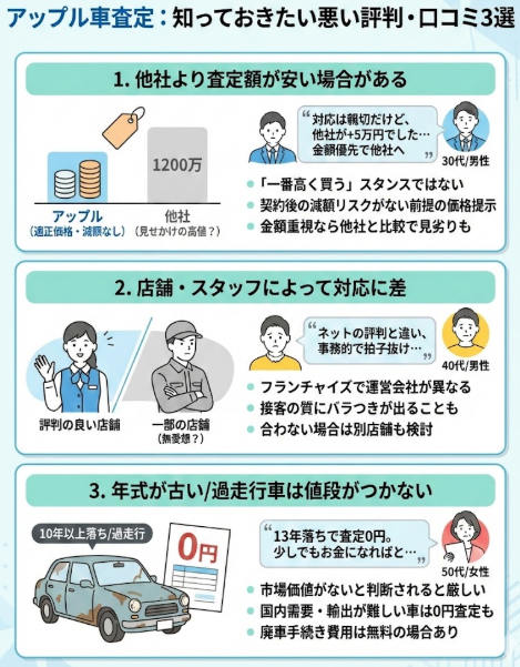 アップル車査定の悪い評判口コミは「他社より安い」