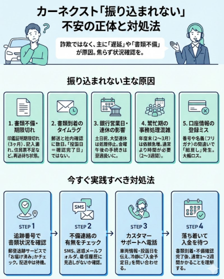 カーネクストで振り込まれないのはなぜ？入金が遅れる原因と対処法を解説