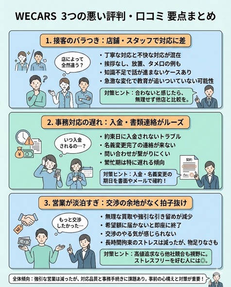 WECARSの悪い評判口コミは「接客のバラつき」と「事務対応の遅れ」